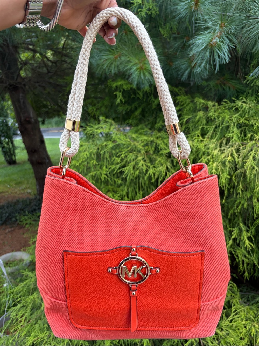 Michael Kors Marina Orange/Coral Canvas & Leather Rope  Handle Tote Bag